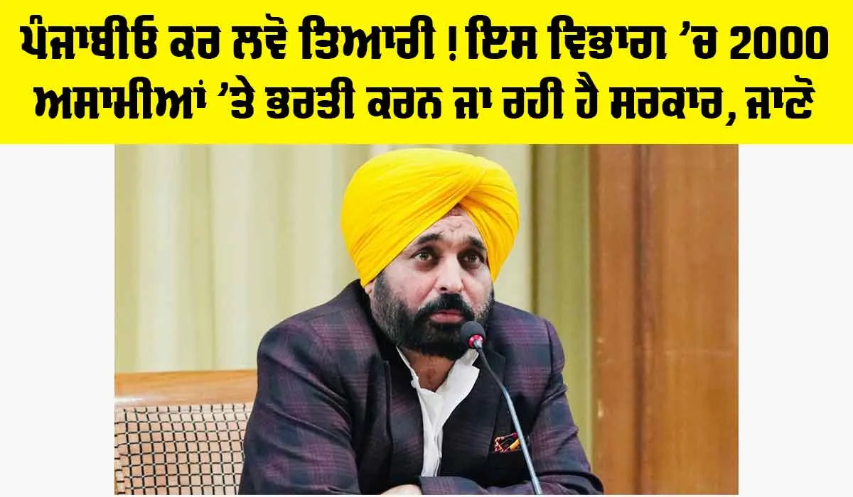 ਪੰਜਾਬੀਓ ਕਰ ਲਵੋ ਤਿਆਰੀ! ਇਸ ਵਿਭਾਗ ’ਚ 2000 ਅਸਾਮੀਆਂ ’ਤੇ ਭਰਤੀ ਕਰਨ ਜਾ ਰਹੀ ਹੈ ਸਰਕਾਰ, ਜਾਣੋ