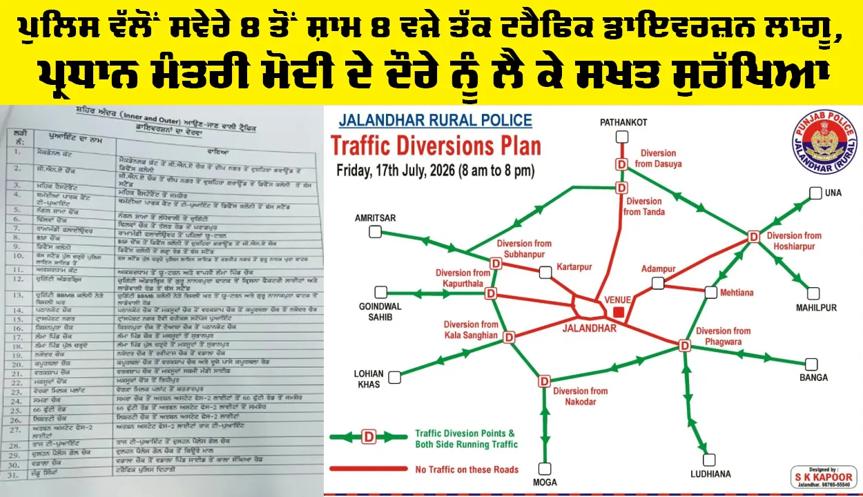 Punjab News: ਪੁਲਿਸ ਵੱਲੋਂ ਸਵੇਰੇ 8 ਤੋਂ ਸ਼ਾਮ 8 ਵਜੇ ਤੱਕ ਟ੍ਰੈਫਿਕ ਡਾਇਵਰਜ਼ਨ ਲਾਗੂ, ਪ੍ਰਧਾਨ ਮੰਤਰੀ ਮੋਦੀ ਦੇ ਦੌਰੇ ਨੂੰ ਲੈ ਕੇ ਸਖ਼ਤ ਸੁਰੱਖਿਆ