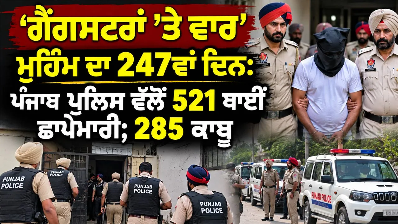 Anti Gangster Campaign Punjab: ‘ਗੈਂਗਸਟਰਾਂ ’ਤੇ ਵਾਰ’ ਮੁਹਿੰਮ ਦਾ 247ਵਾਂ ਦਿਨ: ਪੰਜਾਬ ਪੁਲਿਸ ਵੱਲੋਂ 521 ਥਾਈਂ ਛਾਪੇਮਾਰੀ; 285 ਕਾਬੂ
