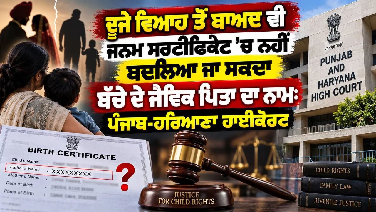 Punjab Haryana High Court: ਦੂਜੇ ਵਿਆਹ ਤੋਂ ਬਾਅਦ ਵੀ ਜਨਮ ਸਰਟੀਫਿਕੇਟ ’ਚ ਨਹੀਂ ਬਦਲਿਆ ਜਾ ਸਕਦਾ ਬੱਚੇ ਦੇ ਜੈਵਿਕ ਪਿਤਾ ਦਾ ਨਾਮ: ਪੰਜਾਬ-ਹਰਿਆਣਾ ਹਾਈਕੋਰਟ