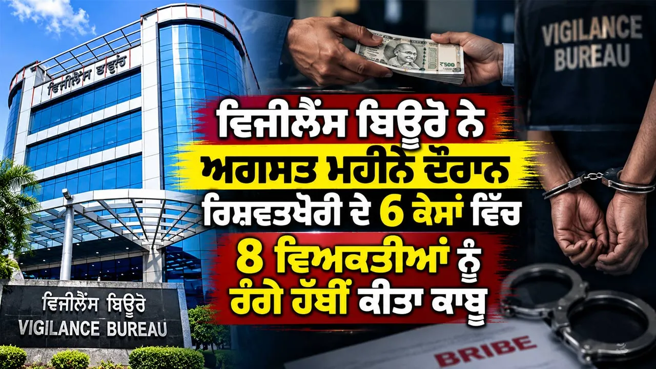 Punjab Vigilance Bureau: ਵਿਜੀਲੈਂਸ ਬਿਊਰੋ ਨੇ ਅਗਸਤ ਮਹੀਨੇ ਦੌਰਾਨ ਰਿਸ਼ਵਤਖੋਰੀ ਦੇ 6 ਕੇਸਾਂ ਵਿੱਚ 8 ਵਿਅਕਤੀਆਂ ਨੂੰ ਰੰਗੇ ਹੱਥੀਂ ਕੀਤਾ ਕਾਬੂ