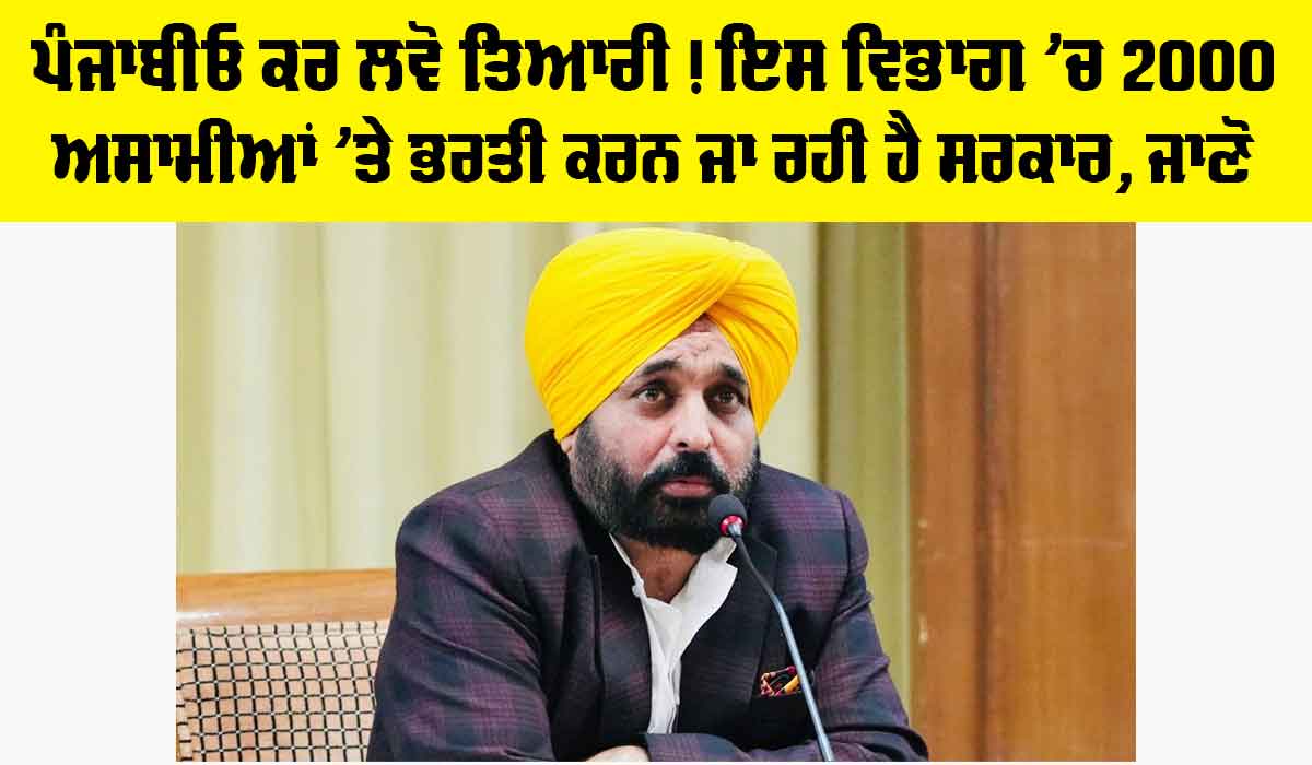 ਪੰਜਾਬੀਓ ਕਰ ਲਵੋ ਤਿਆਰੀ! ਇਸ ਵਿਭਾਗ ’ਚ 2000 ਅਸਾਮੀਆਂ ’ਤੇ ਭਰਤੀ ਕਰਨ ਜਾ ਰਹੀ ਹੈ ਸਰਕਾਰ, ਜਾਣੋ