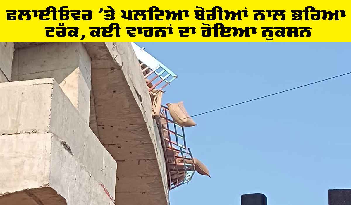 Ludhiana Flyover Accident: ਫਲਾਈਓਵਰ ’ਤੇ ਪਲਟਿਆ ਬੋਰੀਆਂ ਨਾਲ ਭਰਿਆ ਟਰੱਕ, ਕਈ ਵਾਹਨਾਂ ਦਾ ਹੋਇਆ ਨੁਕਸਾਨ