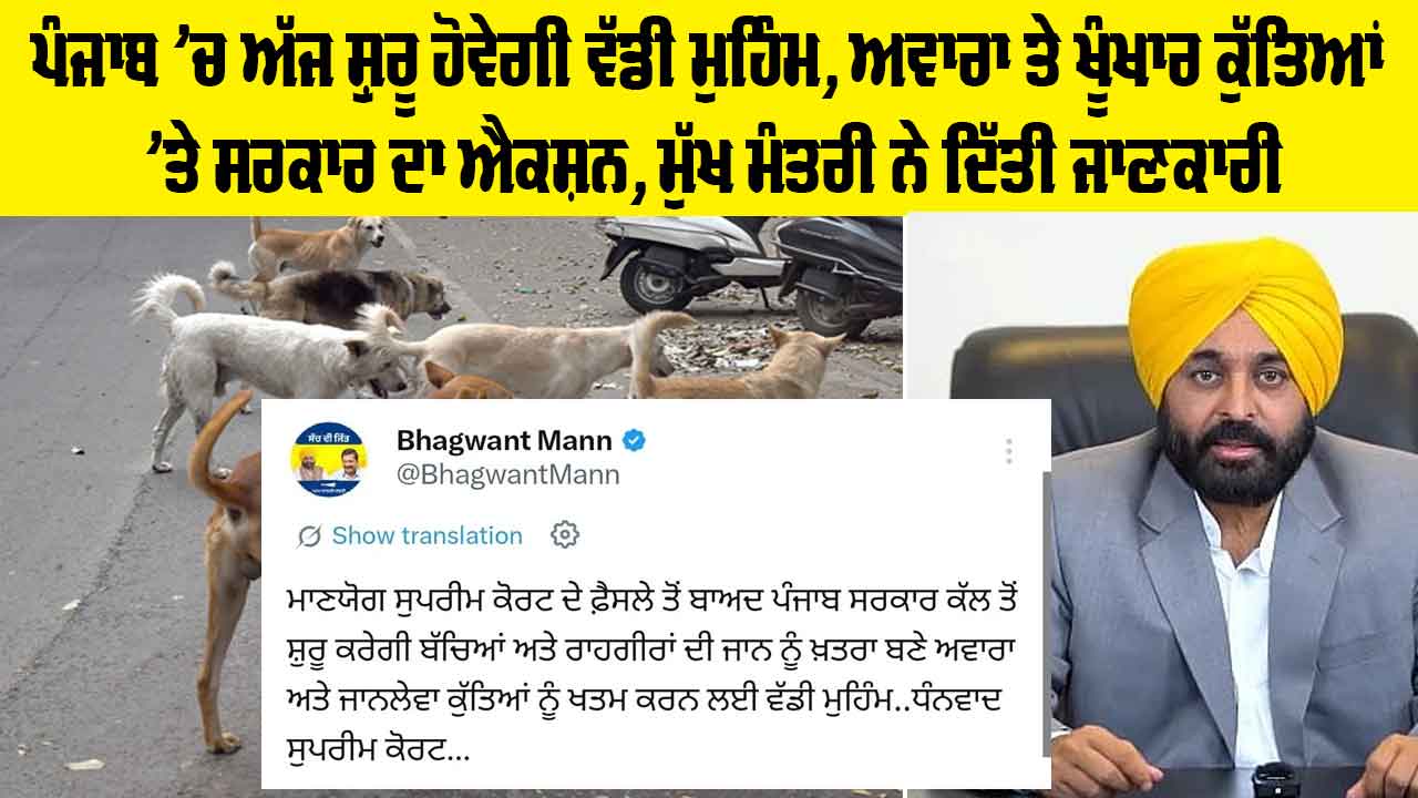 Punjab ’ਚ ਅੱਜ ਸ਼ੁਰੂ ਹੋਵੇਗੀ ਵੱਡੀ ਮੁਹਿੰਮ, ਅਵਾਰਾ ਤੇ ਖੂੰਖਾਰ ਕੁੱਤਿਆਂ ’ਤੇ ਸਰਕਾਰ ਦਾ ਐਕਸ਼ਨ, ਮੁੱਖ ਮੰਤਰੀ ਨੇ ਦਿੱਤੀ ਜਾਣਕਾਰੀ