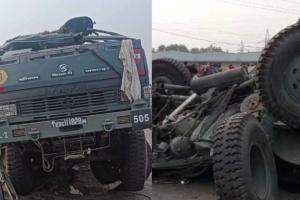ਟਰਾਲੇ ਨੇ ਫੌਜ ਦੇ ਟਰੱਕ ਨੂੰ ਮਾਰੀ ਜ਼ੋਰਦਾਰ ਟੱਕਰ, ਗਰਿੱਲ ਤੋੜ ਕੇ ਡਿਵਾਈਡਰ ਪਾਰ ਪਲਟਿਆ