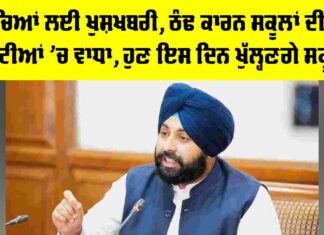 Punjab School Holidays: ਬੱਚਿਆਂ ਲਈ ਖੁਸ਼ਖਬਰੀ, ਠੰਢ ਕਾਰਨ ਸਕੂਲਾਂ ਦੀਆਂ ਛੁੱਟੀਆਂ ’ਚ ਵਾਧਾ, ਹੁਣ ਇਸ ਦਿਨ ਖੁੱਲ੍ਹਣਗੇ ਸਕੂਲ Punjab School Holidays